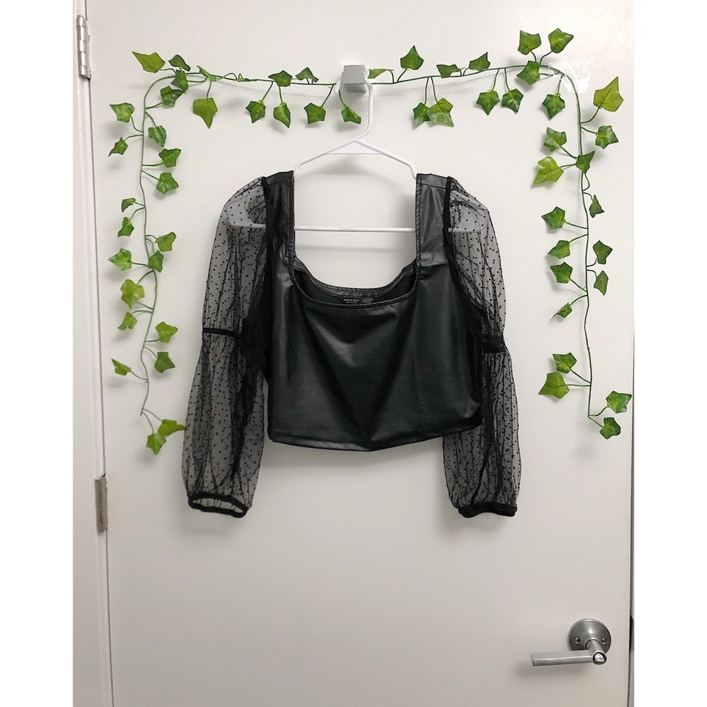Faux Leather Crop Top with Dotted Mesh Long Sleeves